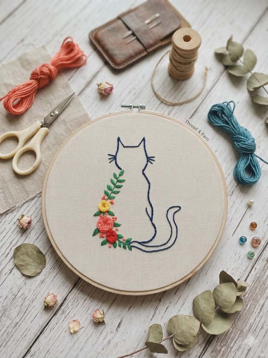Tableau Chat Fleuri Brodé à la Main