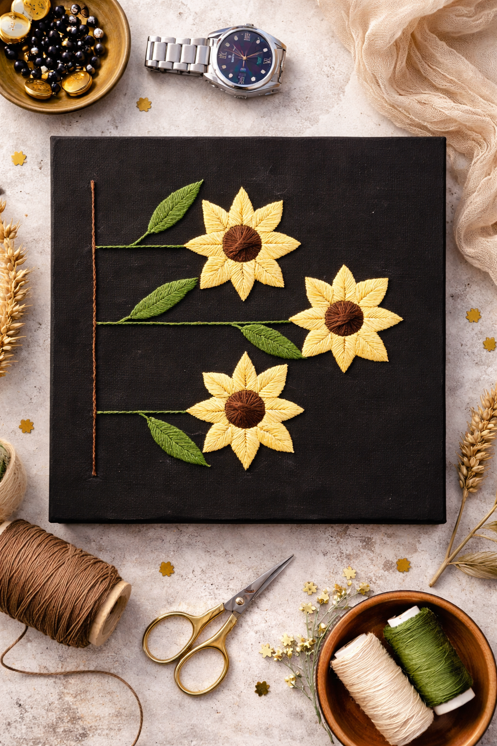 Tournesols brodés à la main sur toile
