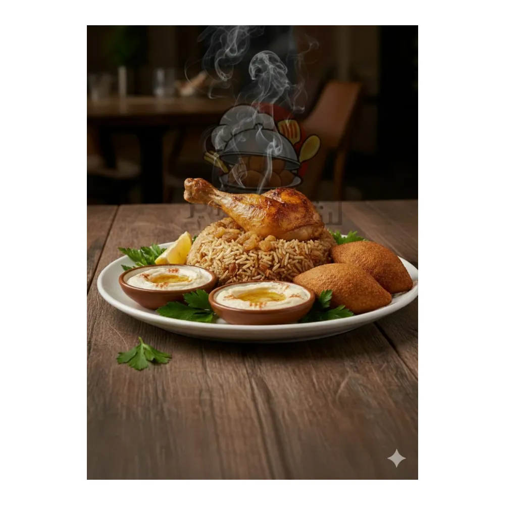 Repas de riz basmati mandi fumé + Cuisse de poulet + 2 kébbés + Sauce à l’ail + Sauce épicée