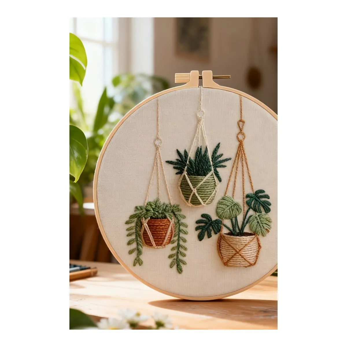 Joli  tableau  brodé à la main – Plantes suspendues