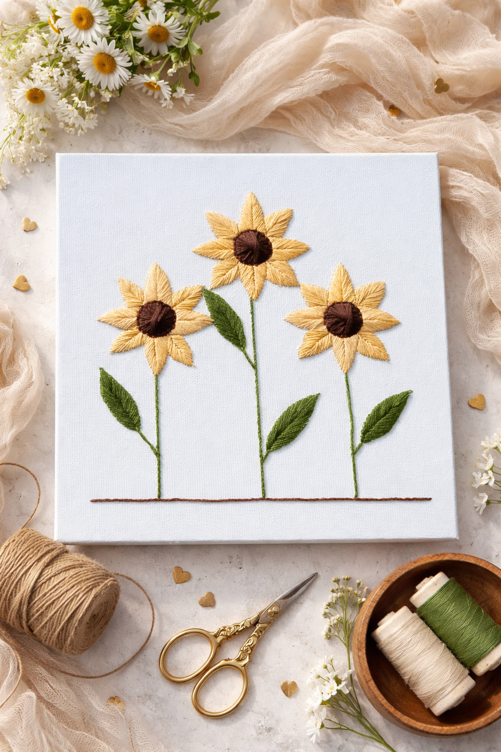 Tournesols brodés à la main sur toile